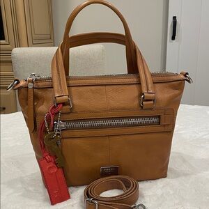 Fossil Cognac Brown Leather Satchel with Red Charm